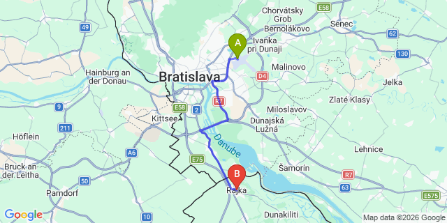 Map: Bratislava Airport (BTS) to Rajka