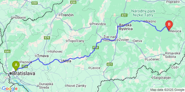 Map: Bratislava Airport (BTS) to Revúca
