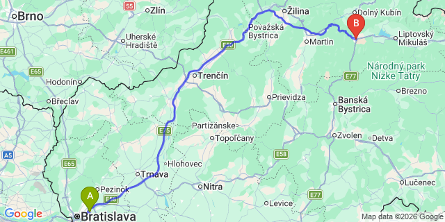 Map: Bratislava Airport (BTS) to Ruzomberok