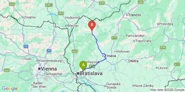 Map: Bratislava Airport (BTS) to Senica