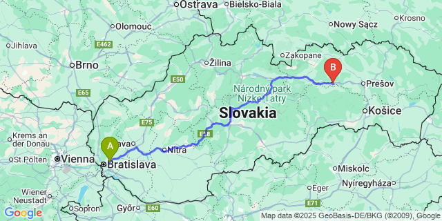 Map: Bratislava Airport (BTS) to Spišské Podhradie