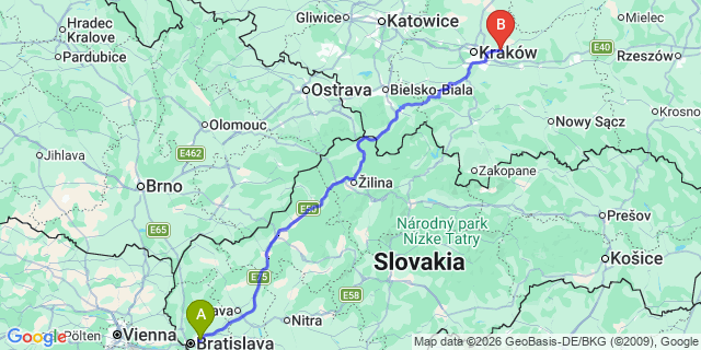 Map: Bratislava Airport (BTS) to Starý Smokovec