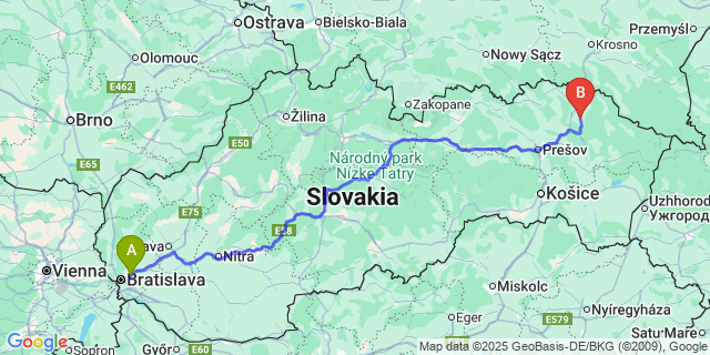 Map: Bratislava Airport (BTS) to Stropkov