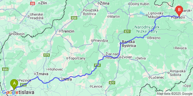 Map: Bratislava Airport (BTS) to Svit