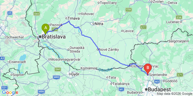 Map: Bratislava Airport (BTS) to Szentendre