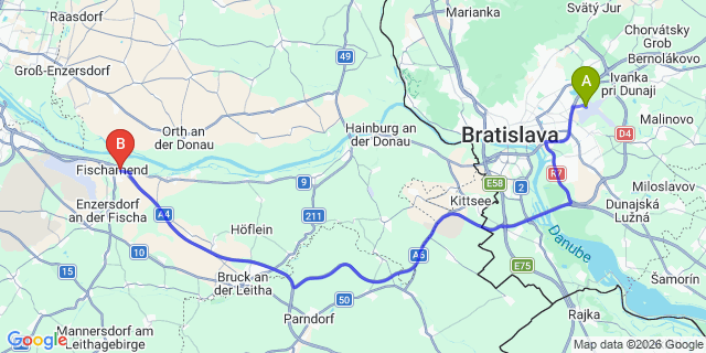 Map: Bratislava Airport (BTS) to Szombathely