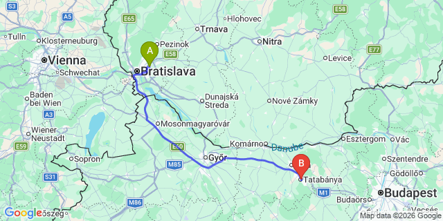 Map: Bratislava Airport (BTS) to Tatabánya
