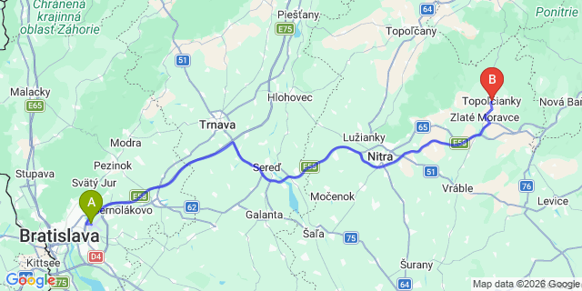 Map: Bratislava Airport (BTS) to Topolcianky