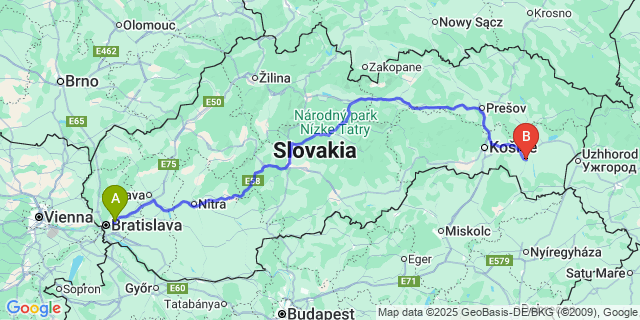 Map: Bratislava Airport (BTS) to Trebišov