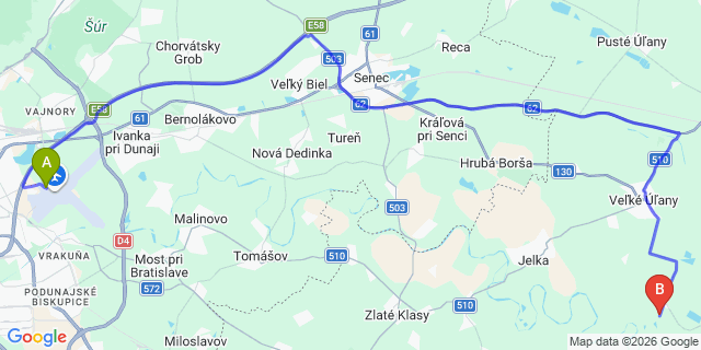 Map: Bratislava Airport (BTS) to Trnava