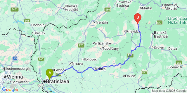 Map: Bratislava Airport (BTS) to Turcianske Teplice