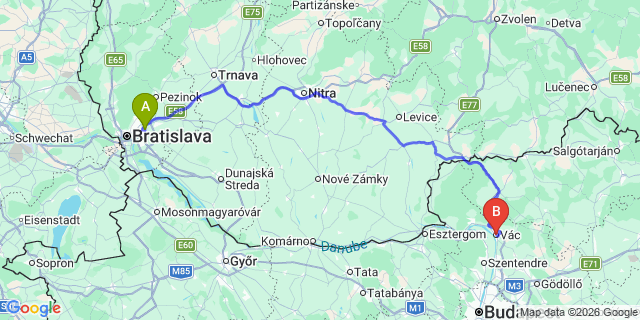 Map: Bratislava Airport (BTS) to Vác