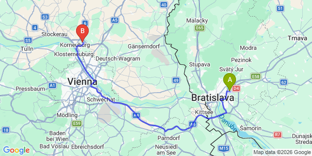 Map: Bratislava Airport (BTS) to Vienna city (all areas)