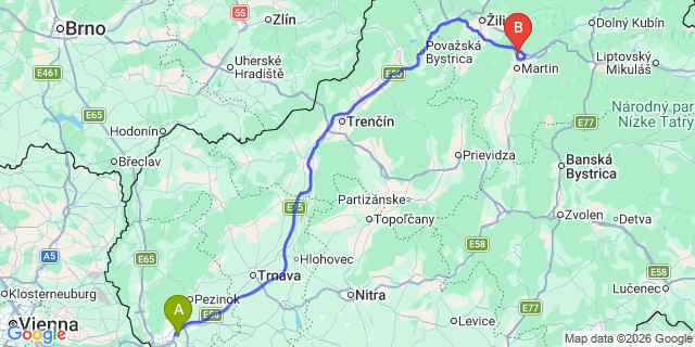 Map: Bratislava Airport (BTS) to Vrutky