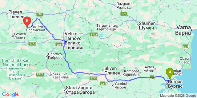 Map: Burgas Airport (BOJ) to Bolyartsi