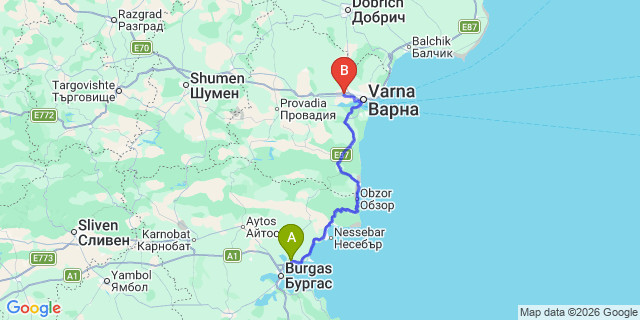 Map: Burgas Airport (BOJ) to Elenite