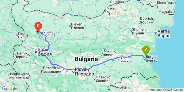 Map: Burgas Airport (BOJ) to Melnik