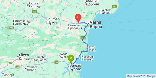 Map: Burgas Airport (BOJ) to Ravda