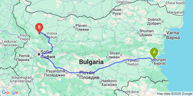Map: Burgas Airport (BOJ) to Rila Monestary