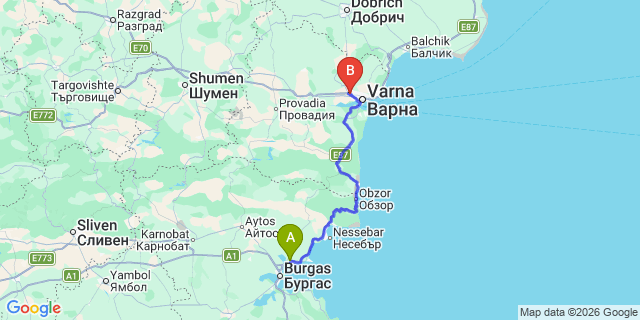 Map: Burgas Airport (BOJ) to Tsarevo