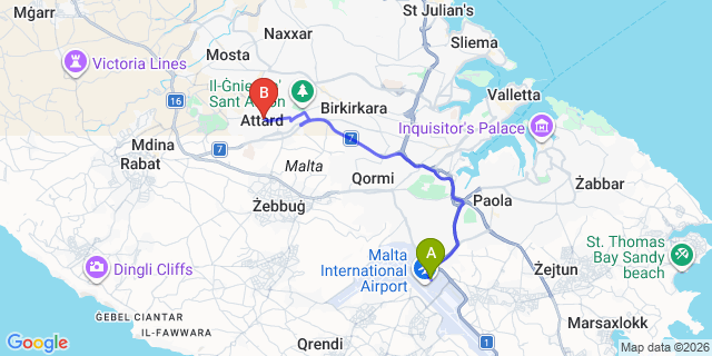 Map: Malta Airport (MLA) to Attard