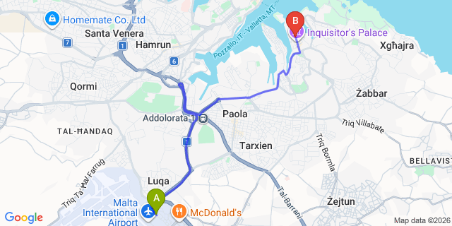 Map: Malta Airport (MLA) to Birgu