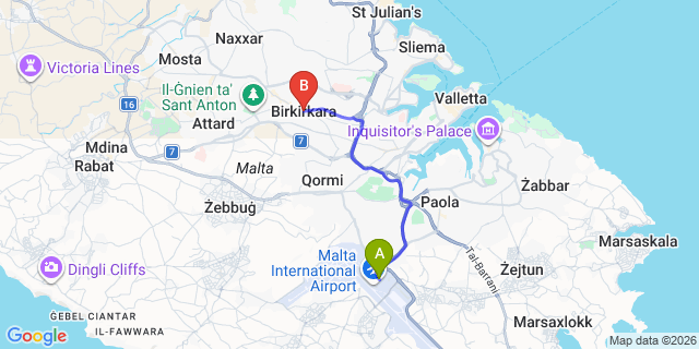 Map: Malta Airport (MLA) to Birkirkara