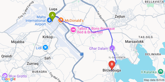 Map: Malta Airport (MLA) to Birzebbuga