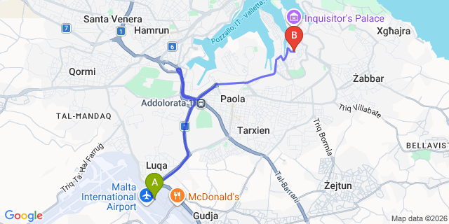 Map: Malta Airport (MLA) to Bormla