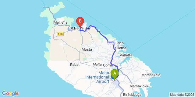 Map: Malta Airport (MLA) to Bugibba