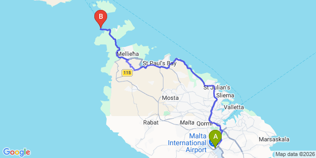 Map: Cirkewwa ferry port to Malta Airport (MLA)