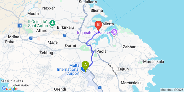 Map: Floriana to Malta Airport (MLA)