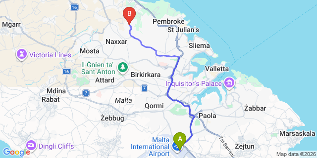 Map: Malta Airport (MLA) to Gharghur