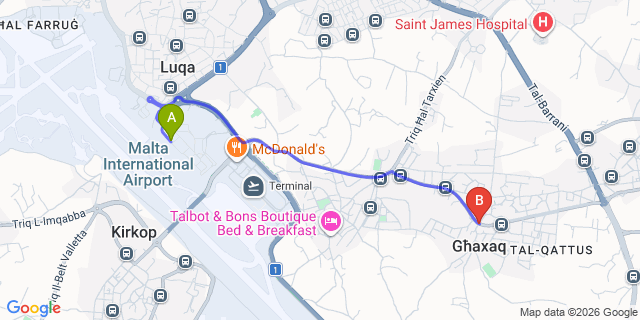 Map: Malta Airport (MLA) to Ghaxaq