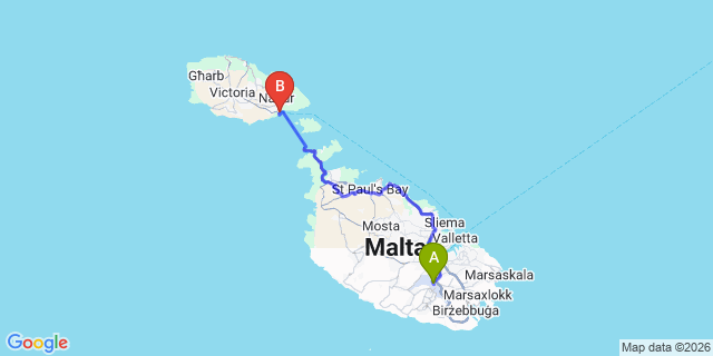 Map: Malta Airport (MLA) to Gozo (all areas) - price of ferry not included