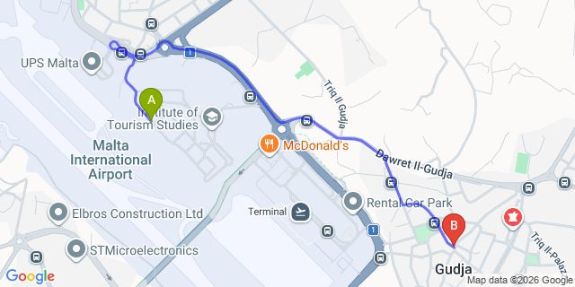 Map: Malta Airport (MLA) to Gudja