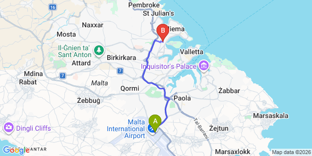 Map: Malta Airport (MLA) to Gzira