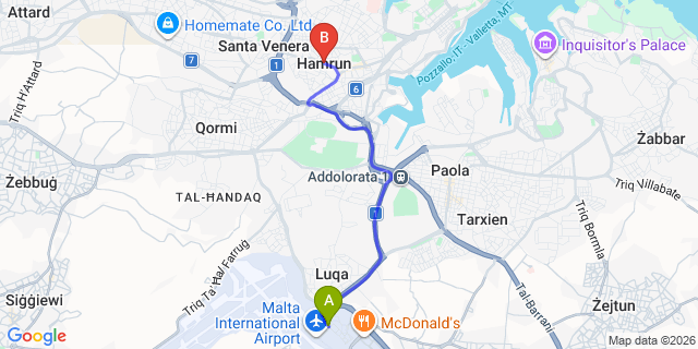 Map: Malta Airport (MLA) to Hamrun