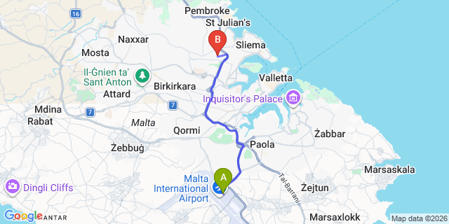 Map: Malta Airport (MLA) to Kappara