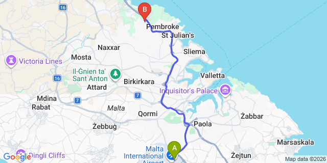 Map: Malta Airport (MLA) to Madliena