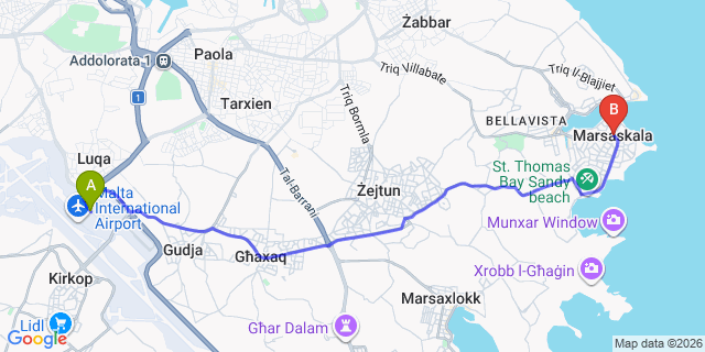 Map: Malta Airport (MLA) to Marsaskala