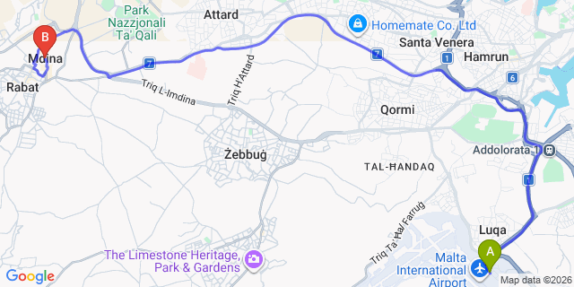 Map: Malta Airport (MLA) to Mdina