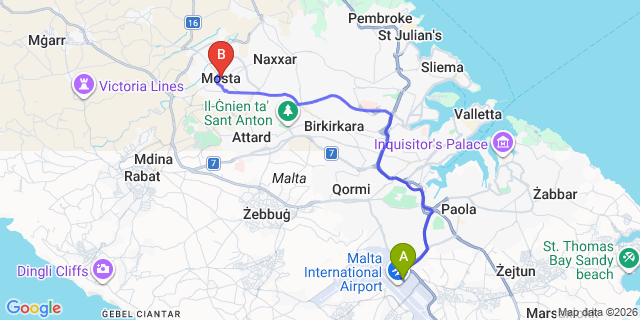 Map: Malta Airport (MLA) to Mosta