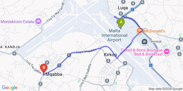 Map: Malta Airport (MLA) to Mqabba