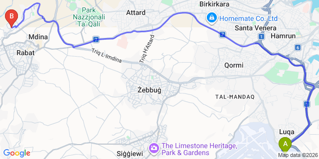 Map: Mtarfa to Malta Airport (MLA)