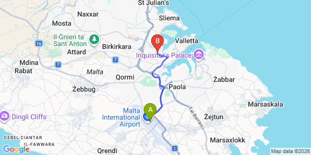Map: Malta Airport (MLA) to Pieta