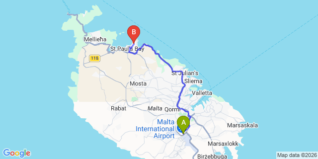 Map: Qawra to Malta Airport (MLA)