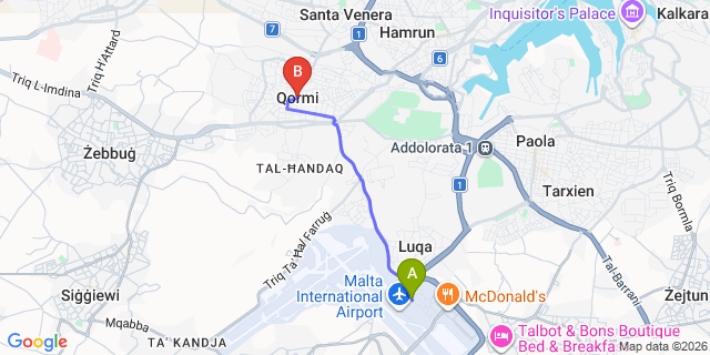 Map: Malta Airport (MLA) to Qormi