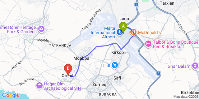 Map: Malta Airport (MLA) to Qrendi