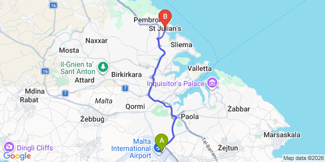 Map: Malta Airport (MLA) to Saint Julians